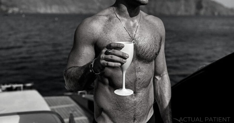 Black-and-white photo of a shirtless, muscular man holding a drink on a boat, labeled Actual Patient